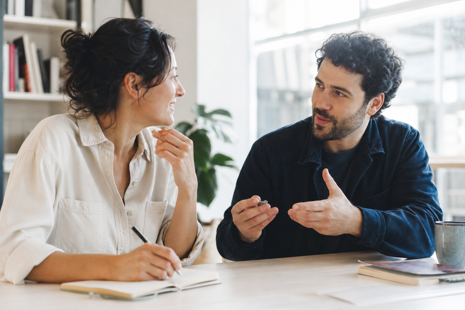Due professionisti che confrontano idee e competenze in un dialogo collaborativo